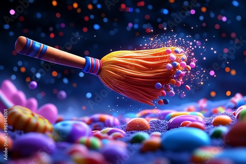 Spoopy witch's broomstick, with sparkles trailing behind it as it zooms through a night sky full of candy photo