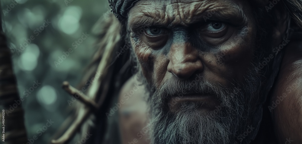 Intense close-up of a weathered warrior in a forest setting during twilight, displaying determination and strength amidst nature Intense close-up of a weathered warrior in a forest setting during twilight, displaying determination and strength amidst nature