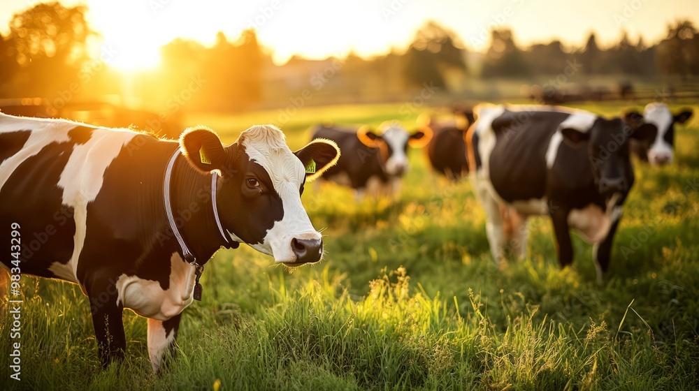 Cows Grazing in Sunlit Pasture at Golden Hour Cows Grazing in Sunlit Pasture at Golden Hour