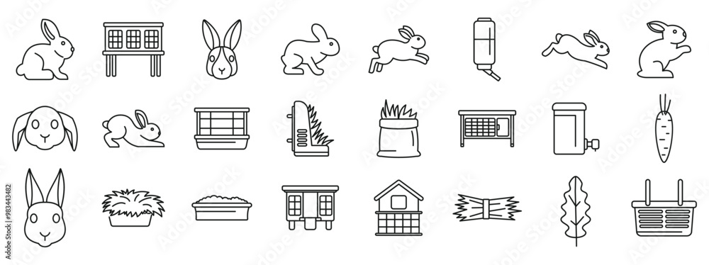 Rabbit breeding icons set. Domestic rabbit breeding and keeping line icons set featuring different rabbit breeds, cages, and accessories Rabbit breeding icons set. Domestic rabbit breeding and keeping line icons set featuring different rabbit breeds, cages, and accessories