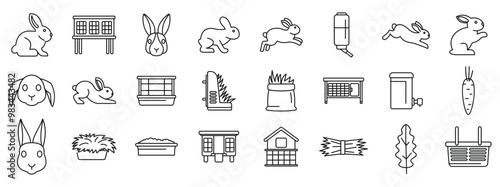 Rabbit breeding icons set. Domestic rabbit breeding and keeping line icons set featuring different rabbit breeds, cages, and accessories