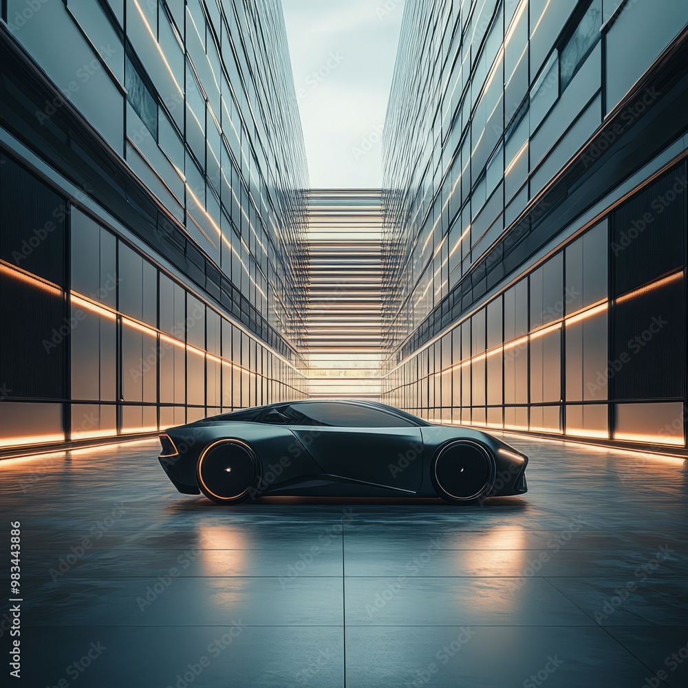 Obraz premium Sleek Black Sports Car in Modern Urban Setting