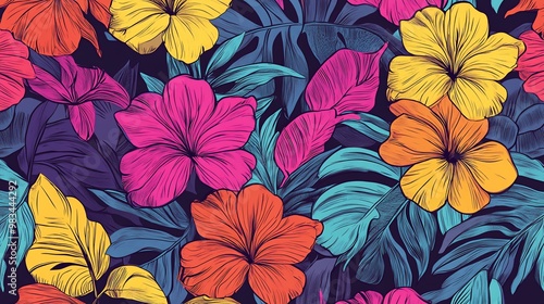 Vibrant tropical floral pattern with hibiscus flowers and leaves in bright colors.