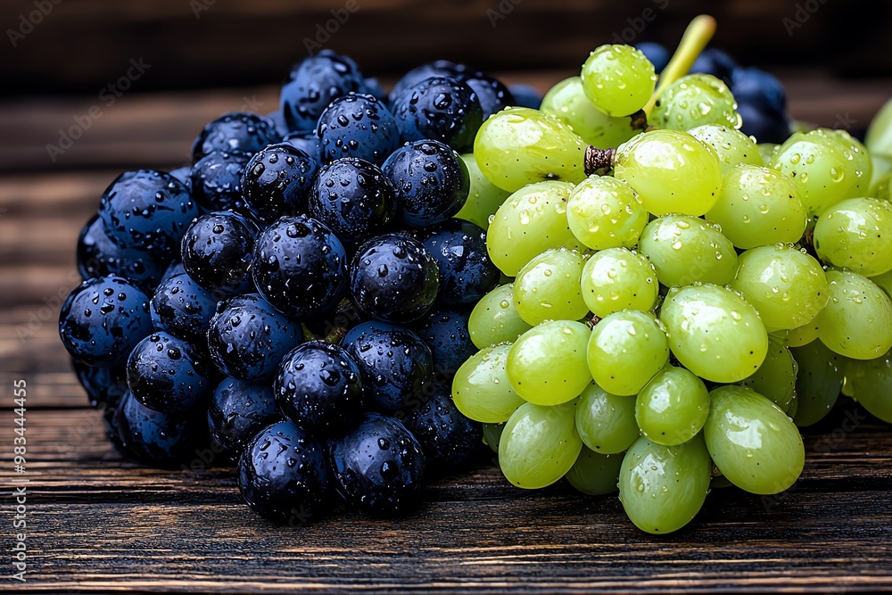 Water drops on black and green grapes, arranged on a rustic wooden table, ready for a summer picnic Water drops on black and green grapes, arranged on a rustic wooden table, ready for a summer picnic