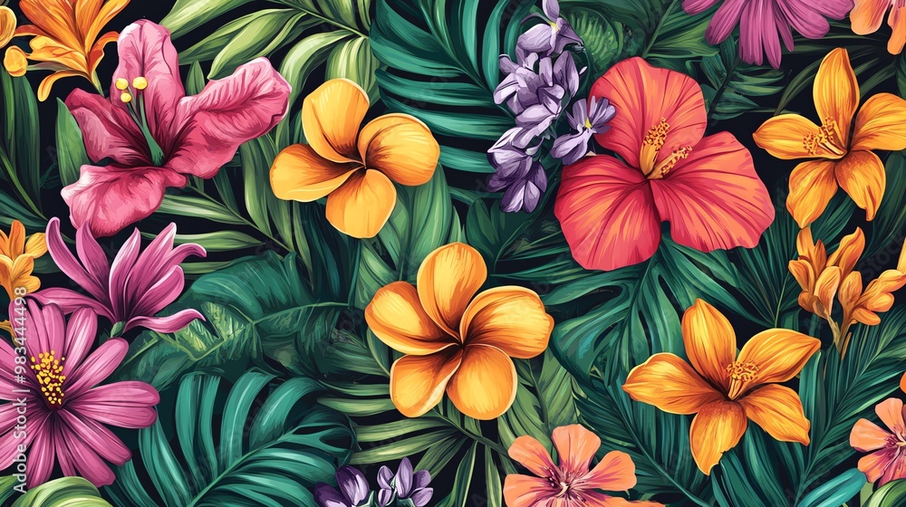 A vibrant tropical floral pattern with large hibiscus, plumeria, and other flowers against lush green leaves. A vibrant tropical floral pattern with large hibiscus, plumeria, and other flowers against lush green leaves.