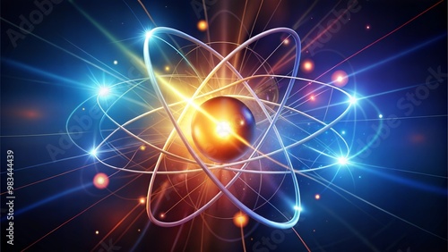 A vibrant depiction of an atom, showcasing orbiting electrons around a central nucleus, symbolizing atomic structure and energy.