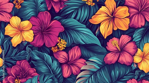 Vibrant tropical floral seamless pattern with pink and yellow hibiscus flowers and green leaves.