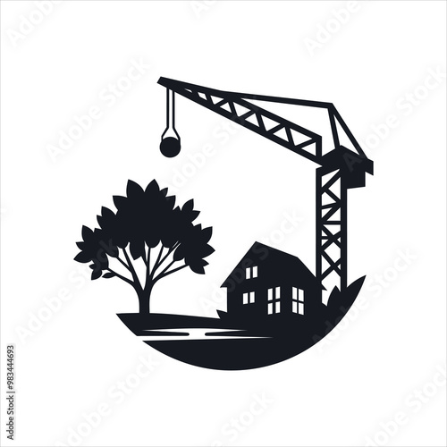Crane with house  silhouette vector style On white background