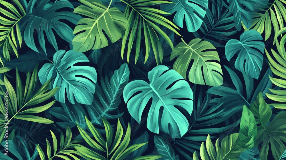 Lush tropical leaves in shades of green against a dark background. Lush tropical leaves in shades of green against a dark background.