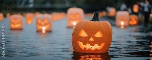 People lighting lanterns at Obon with carved pumpkin heads floating on the river close up - A mix of remembrance and fright - whimsical - Composite - Riverbank backdrop photo