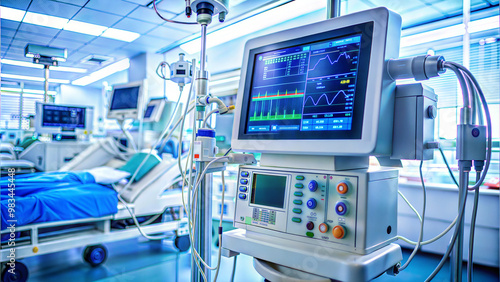 Wallpaper Mural A modern hospital room featuring a medical monitor displaying vital signs near an empty patient bed. Torontodigital.ca