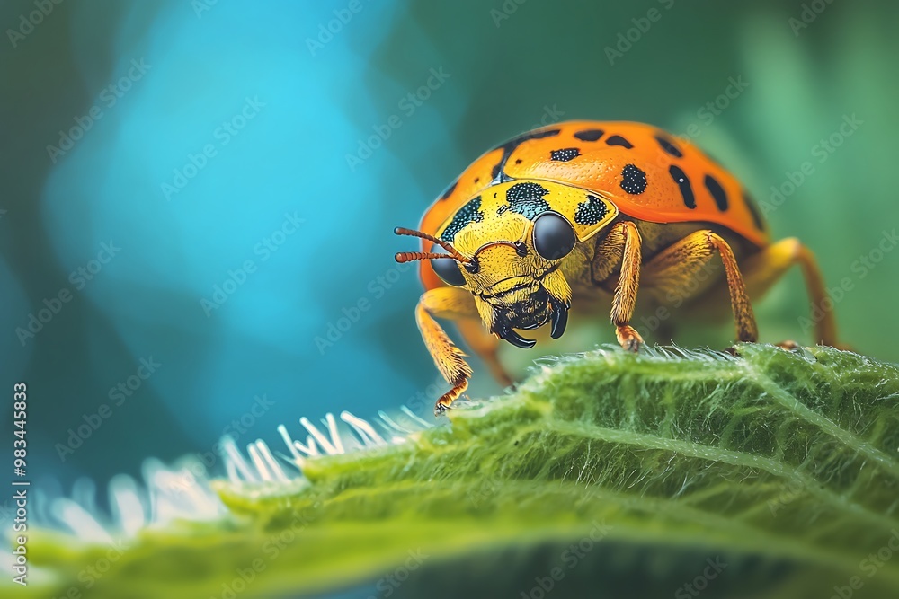 Close up of a ladybug with black spots on its orange and yellow shell, perched on a green leaf Close up of a ladybug with black spots on its orange and yellow shell, perched on a green leaf