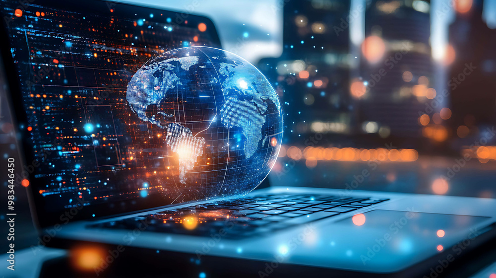 A glowing digital globe emerging from a laptop screen against a city skyline. A glowing digital globe emerging from a laptop screen against a city skyline.