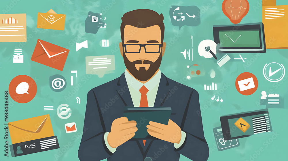 Businessman using tablet surrounded by digital icons, representing online communication. Businessman using tablet surrounded by digital icons, representing online communication.