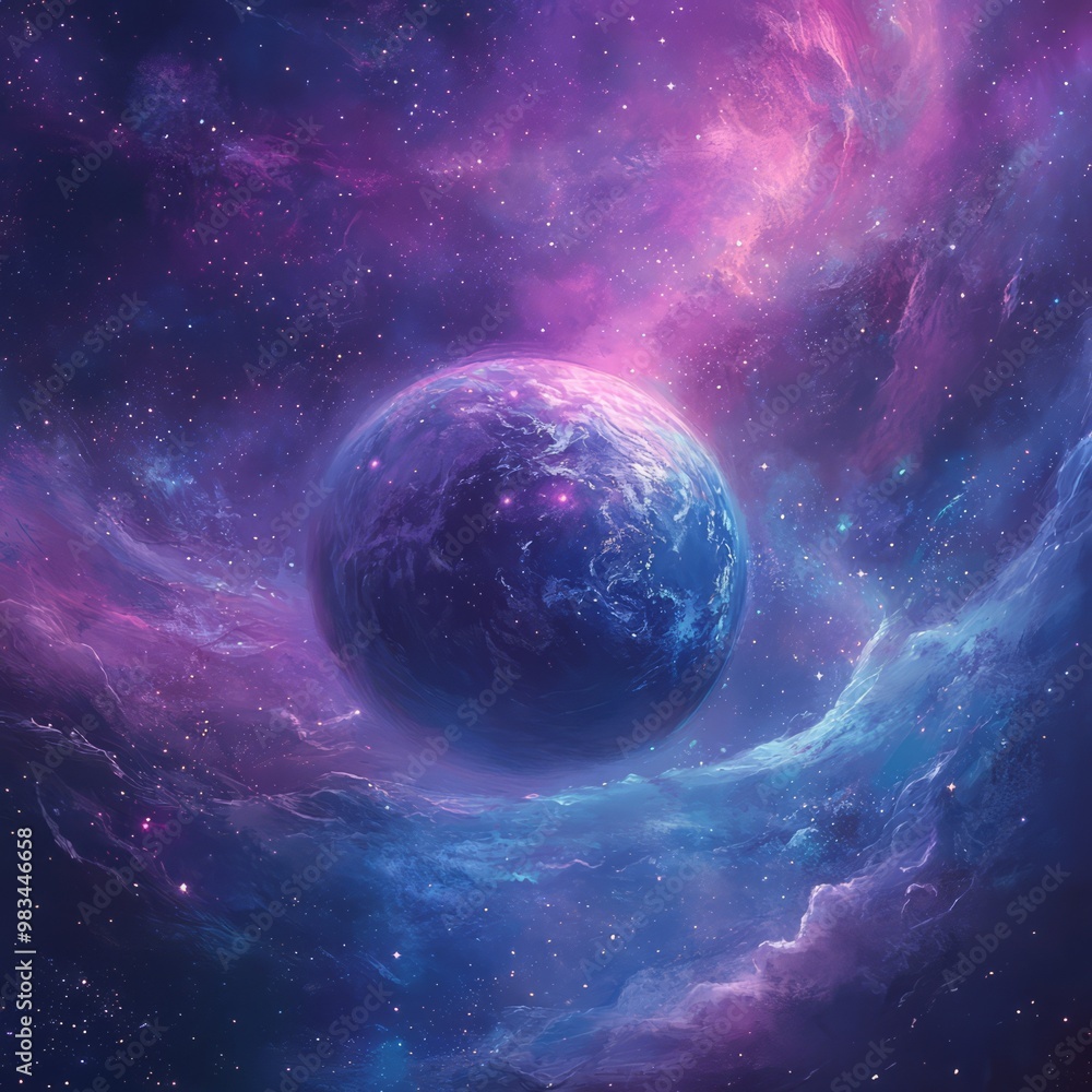 Naklejka premium Vibrant Cosmic Scene with a Planet Surrounded by Nebulae