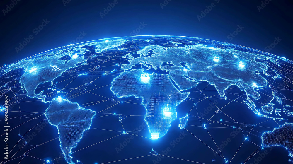 A digital rendering of the world with glowing lines connecting continents.