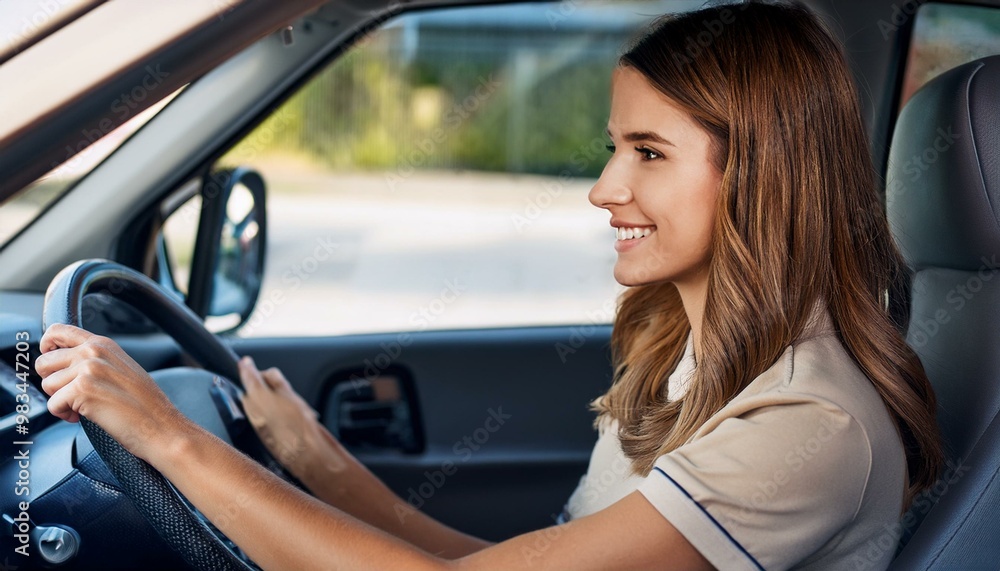 beautiful young woman driving van, AI generated beautiful young woman driving van, AI generated