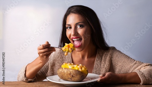 beautiful young woman eating jacket potato, AI generated