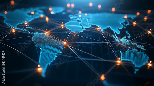 A digital map of the world with glowing lines connecting continents.
