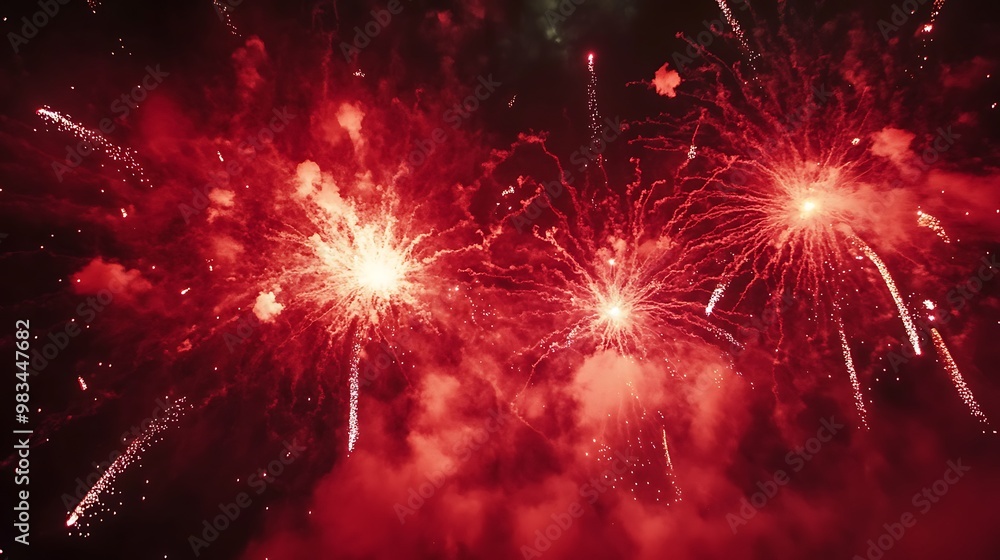 Fototapeta premium Vibrant red fireworks bursting in the night sky, creating a festive atmosphere.