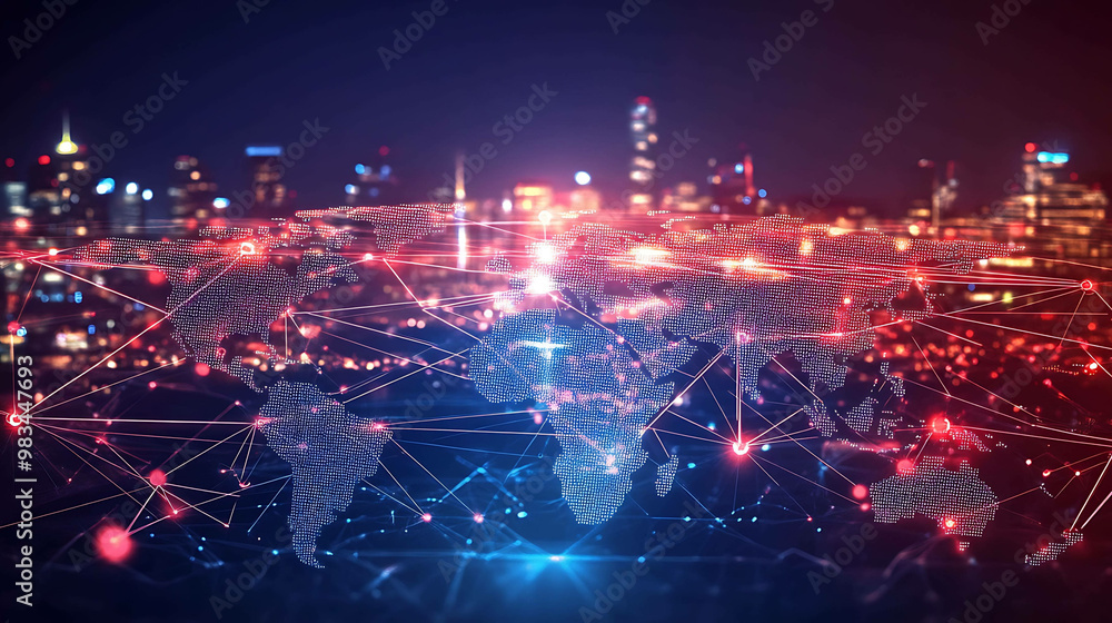 World map with network lines and lights over city skyline. World map with network lines and lights over city skyline.