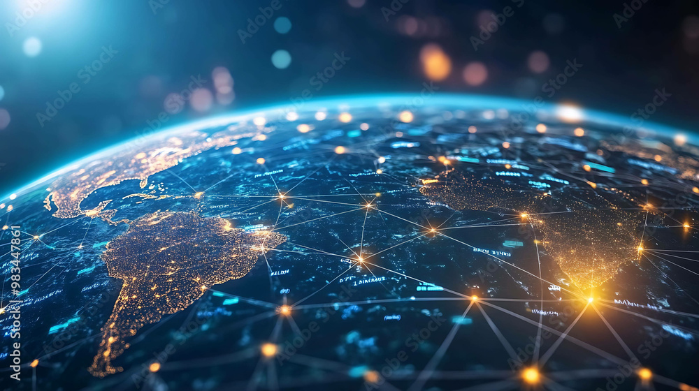 Global network of connected lines and dots on a glowing earth. Global network of connected lines and dots on a glowing earth.