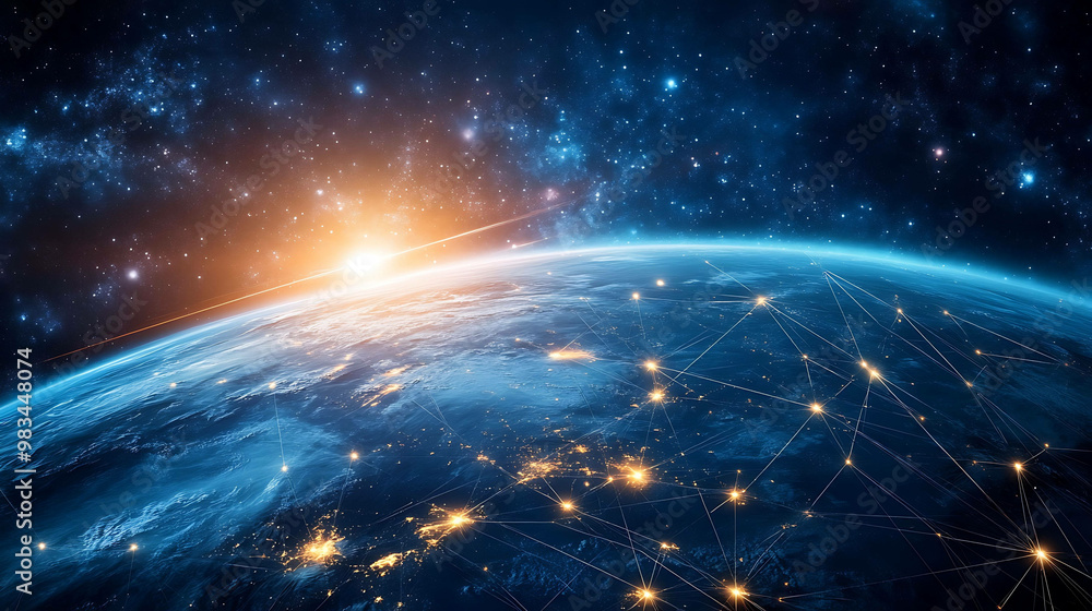A futuristic digital network connects the Earth in this stunning image. A futuristic digital network connects the Earth in this stunning image.