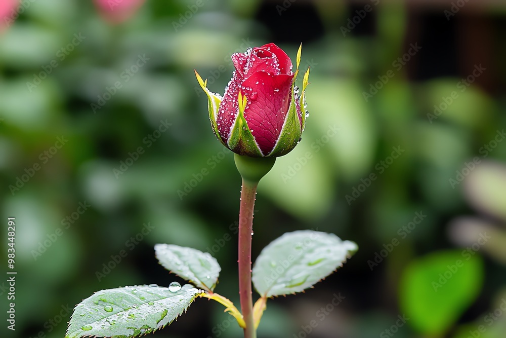 A single rose bud covered in morning dew, isolated against a blurred garden background A single rose bud covered in morning dew, isolated against a blurred garden background