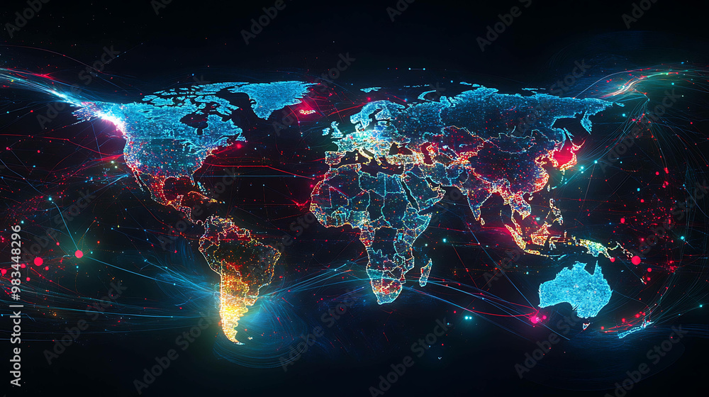 Obraz premium An abstract, digitally rendered world map with glowing lines and dots, representing a global network.