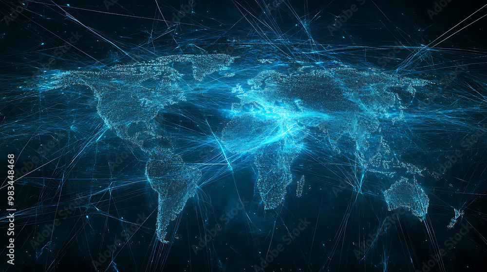 A digital world map with glowing lines representing connection. A digital world map with glowing lines representing connection.