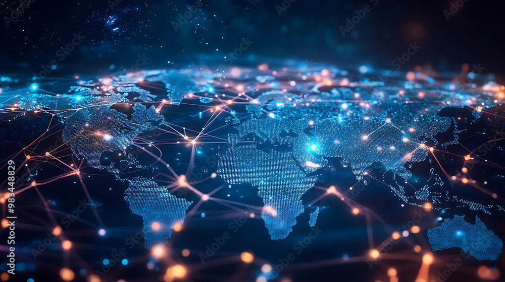 Abstract image of a world map with glowing lines connecting different points. Abstract image of a world map with glowing lines connecting different points.