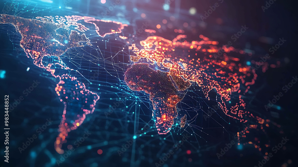 A glowing, digital world map with connected lines and dots that represent global connections. A glowing, digital world map with connected lines and dots that represent global connections.