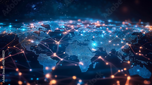 Abstract image of a world map with glowing lines connecting different points.