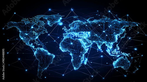 A world map with a digital network connecting its continents.