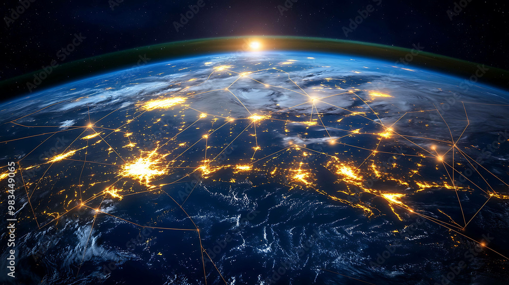 A beautiful view of Earth from space, showing city lights connected by glowing lines, representing global connectivity. A beautiful view of Earth from space, showing city lights connected by glowing lines, representing global connectivity.