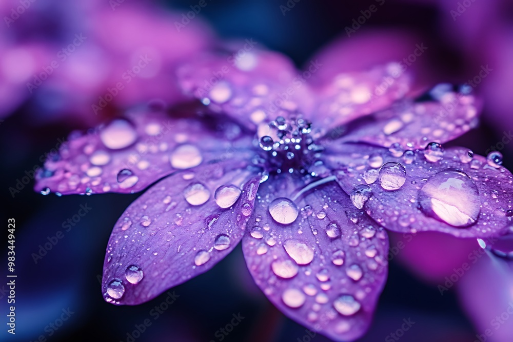 Purple flower petals covered in dew drops, macro photography Purple flower petals covered in dew drops, macro photography