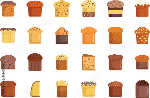 Set of icons showing various types of easter bread, featuring different toppings and decorations