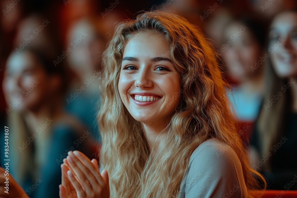 Fototapeta premium happy smiling girl in a audience in a theater applauding clapping hands