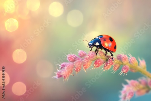 Close up of a ladybug on a pink flower with bokeh background photo