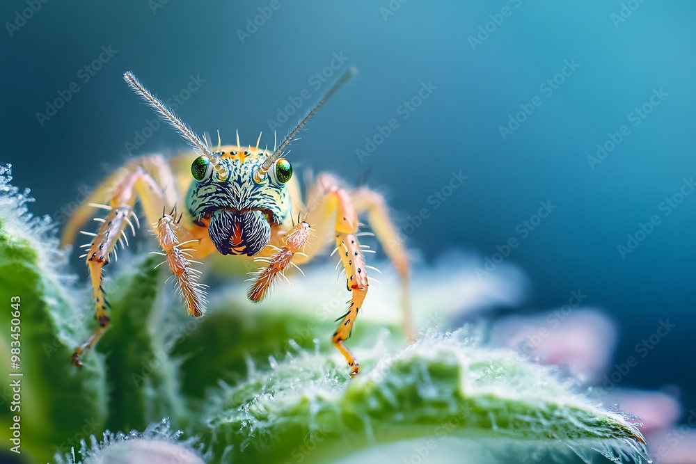 Naklejka premium Close up of a colorful jumping spider with big eyes on green leaf. Macro photography of insect wildlife.