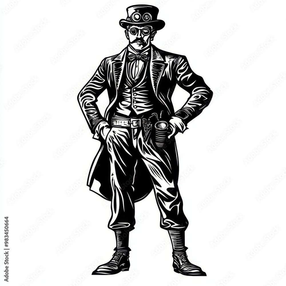 Fototapeta premium A steampunk gentleman in a top hat and goggles, with his hands in his pockets, stands with a confident pose.