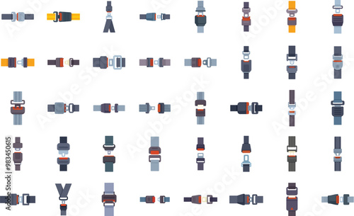 Big set of different seat belts for safety driving in car or airplane ensuring passenger security and protection in case of accident