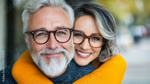 A happy couple wearing glasses, smiling and looking at the camera.