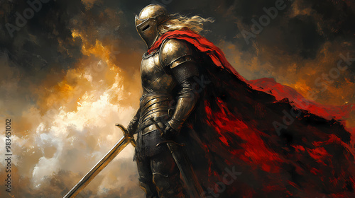 War knight in armor. Arthurian Legend. Illustration photo