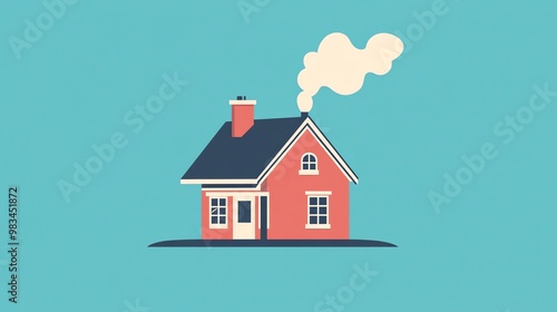 Wallpaper Mural Cute cartoon house with smoke coming out of chimney,  on a blue background. Torontodigital.ca