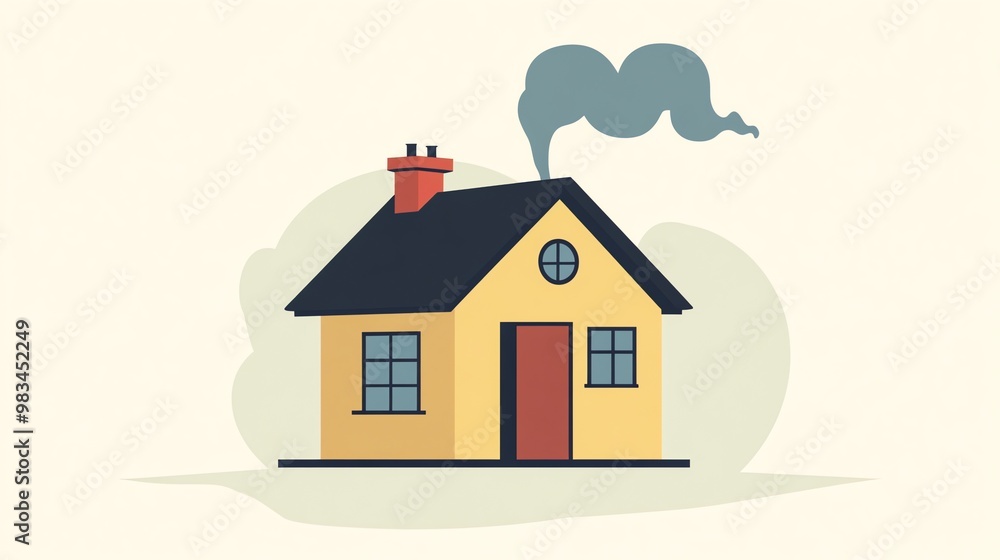 A simple, cartoon drawing of a yellow house with smoke coming from the chimney. A simple, cartoon drawing of a yellow house with smoke coming from the chimney.