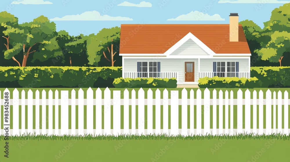 A white picket fence in front of a white house with a red roof, surrounded by lush green trees and bushes. A white picket fence in front of a white house with a red roof, surrounded by lush green trees and bushes.