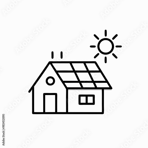 Solar panel house with sun icon in simple line art style
