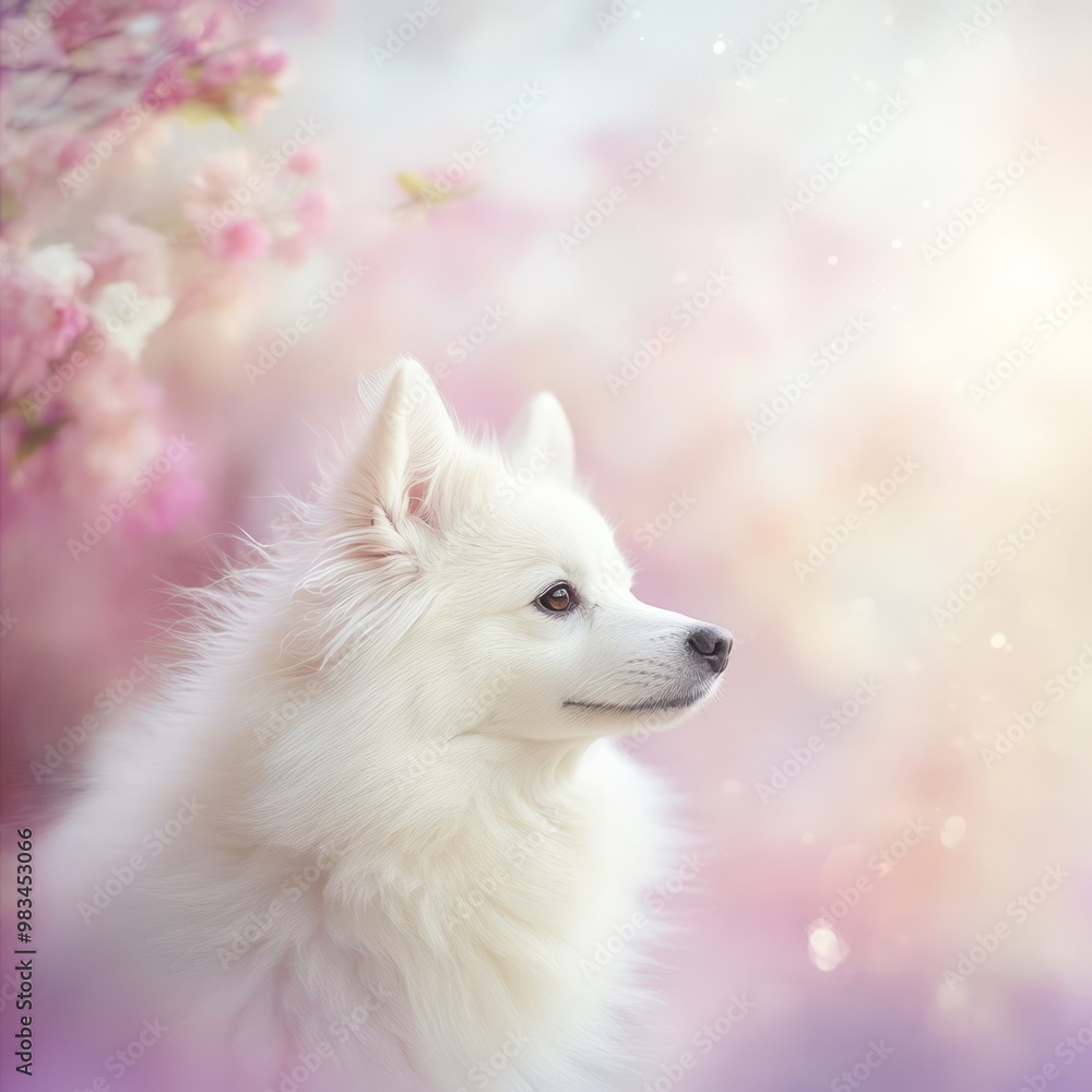 Majestic White Dog in Blooming Cherry Blossoms Majestic White Dog in Blooming Cherry Blossoms