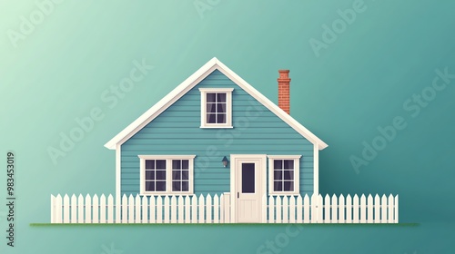 A simple, cute blue house with a white picket fence in front.